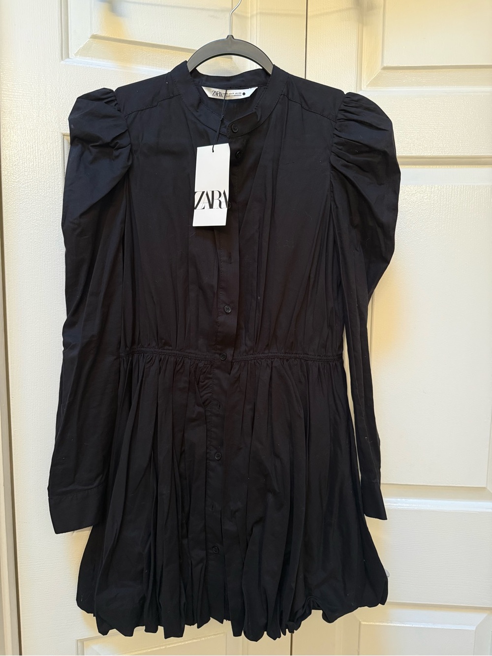 Zara Black Long-Sleeve Puff Shoulder Button-Front Dress